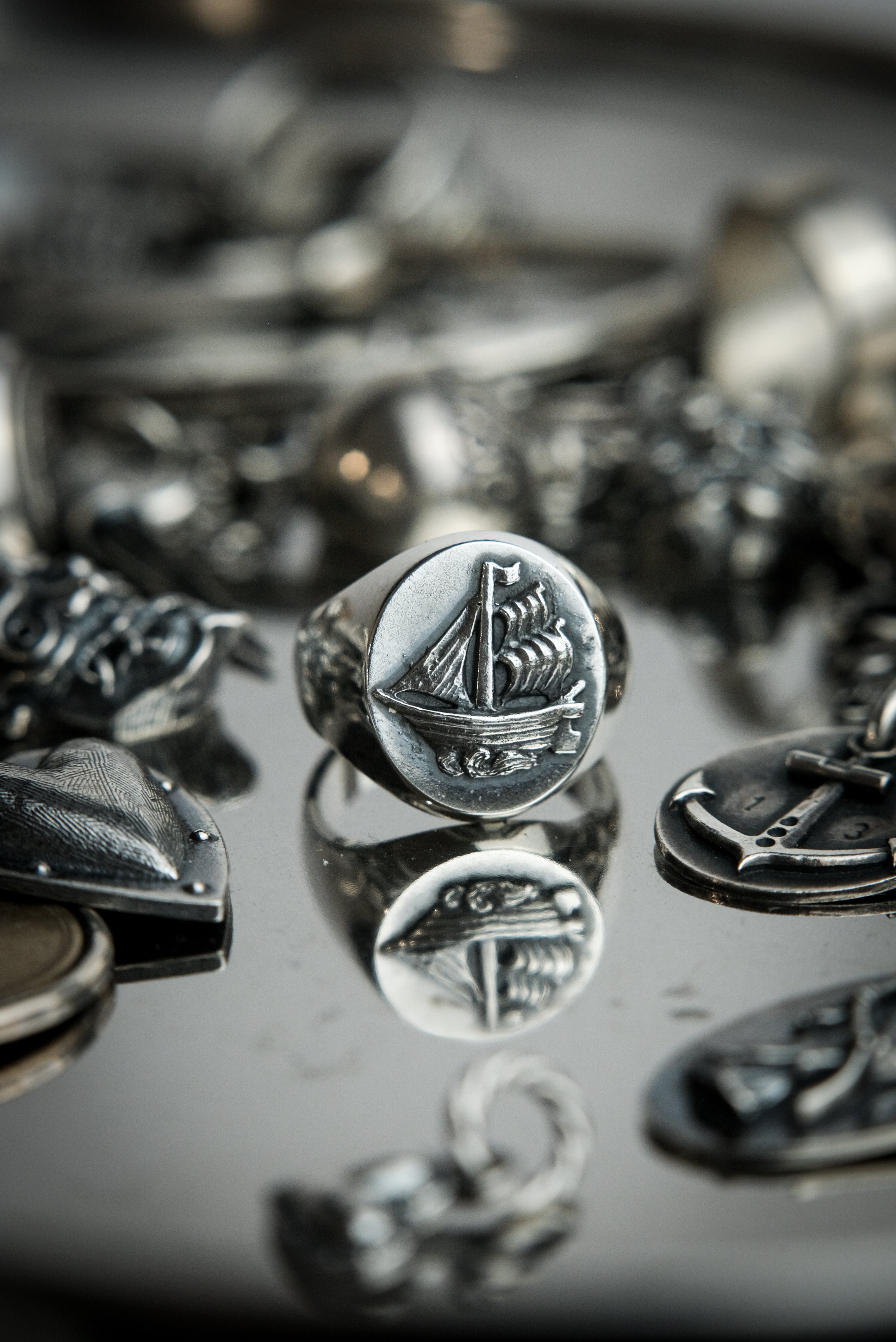 Sailing ship oval signet ring