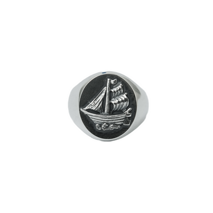 Sailing ship oval signet ring
